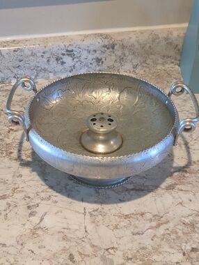 Ornate Silver-Tone Floral Compote Bowl with Handles